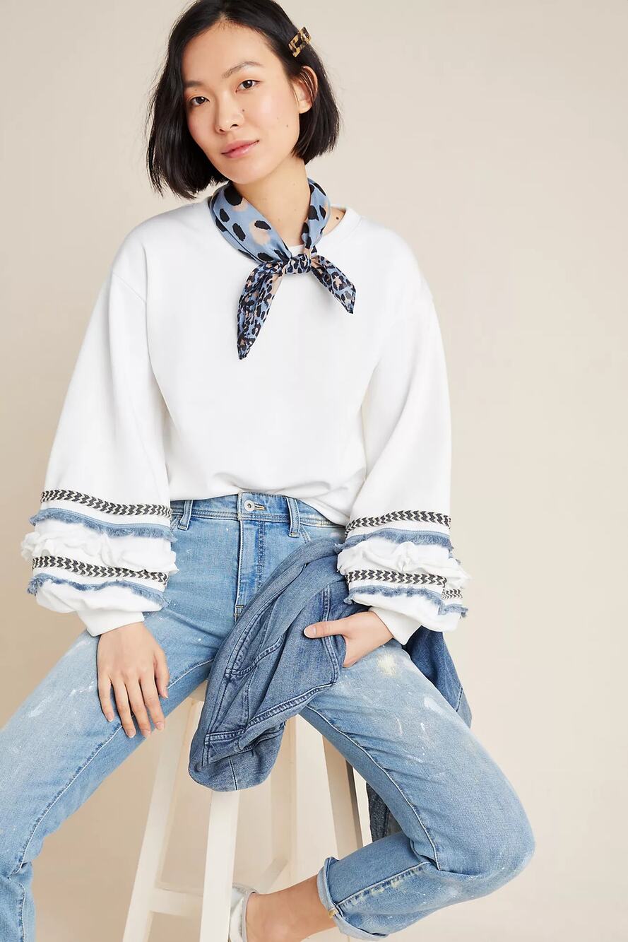 L ANTHROLPLOGIE white JUNIE fringe-sleeve sweatshirt oversized ruffle top